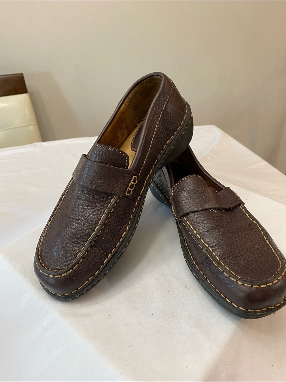 Born Dark Brown Leather Penny Loafers with Contrast Stitching
